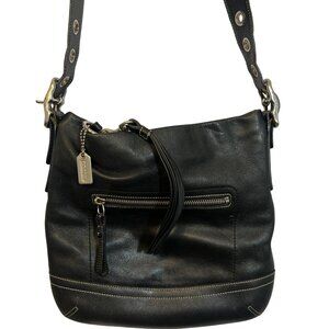 COA Coach Black Leather Shoulder Bag Tote Purse Duffle Tassel White Stitch Fring